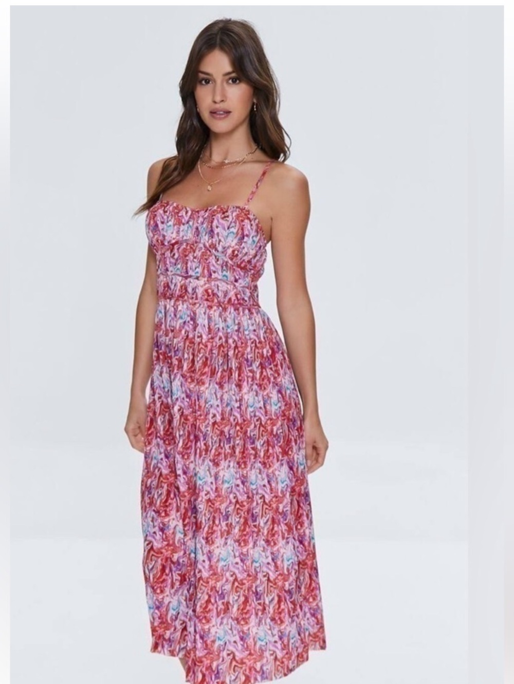 Forever 21 Red Multi-Color Pleated Maxi Skirt